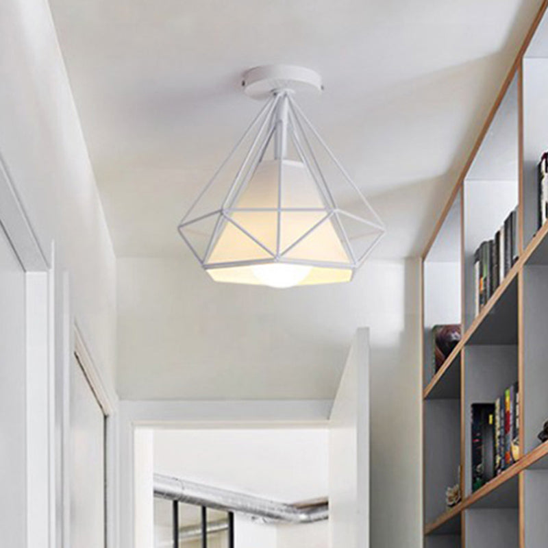 Marco de hierro en forma de diamante techo claro de tela blanca simplicidad mini accesorio de iluminación para corredor de balcón