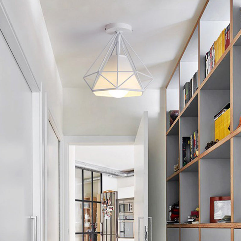 Marco de hierro en forma de diamante techo claro de tela blanca simplicidad mini accesorio de iluminación para corredor de balcón