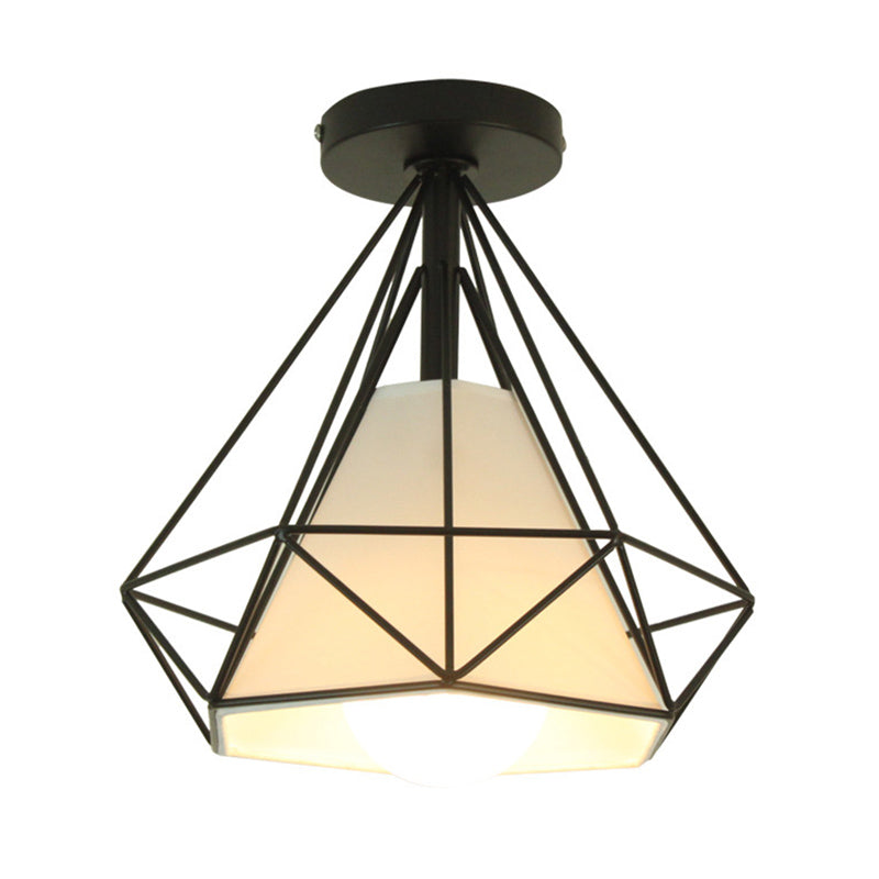 Marco de hierro en forma de diamante techo claro de tela blanca simplicidad mini accesorio de iluminación para corredor de balcón
