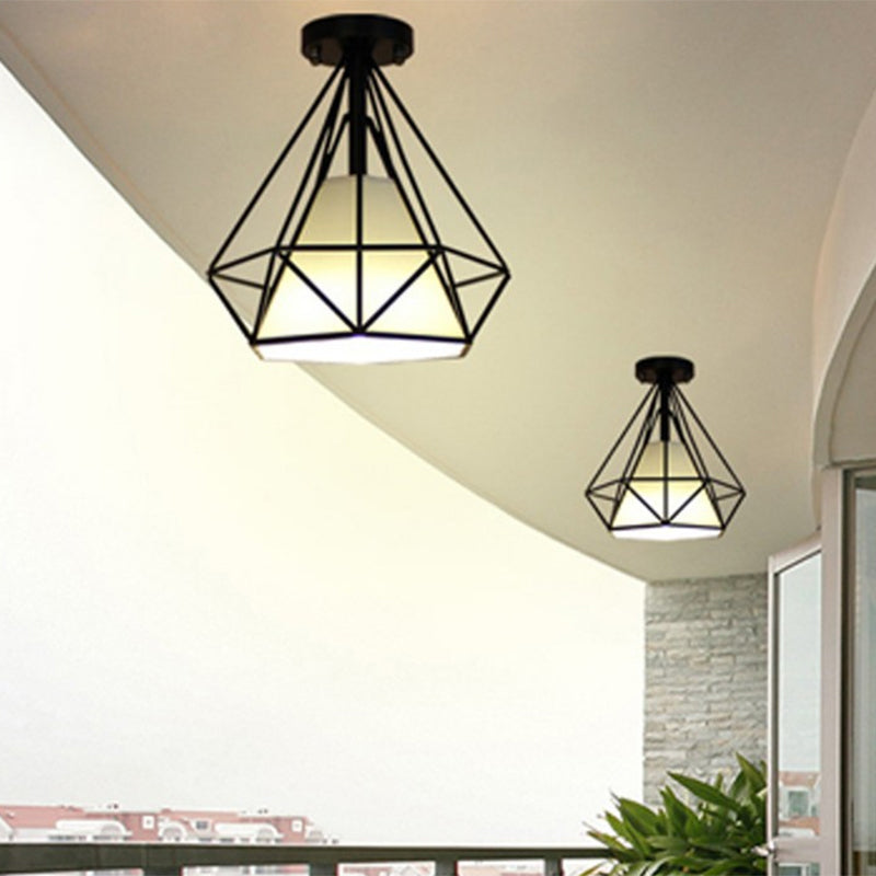 Marco de hierro en forma de diamante techo claro de tela blanca simplicidad mini accesorio de iluminación para corredor de balcón