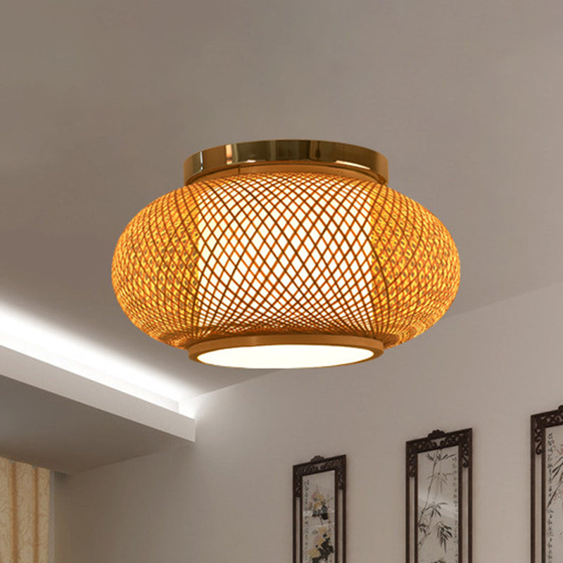 Plafoniera in Stile Asiatico con Intreccio in Rattan a Forma di Lanterne a 1 Luce Lampadario a Sospensione per Ristorante in Legno