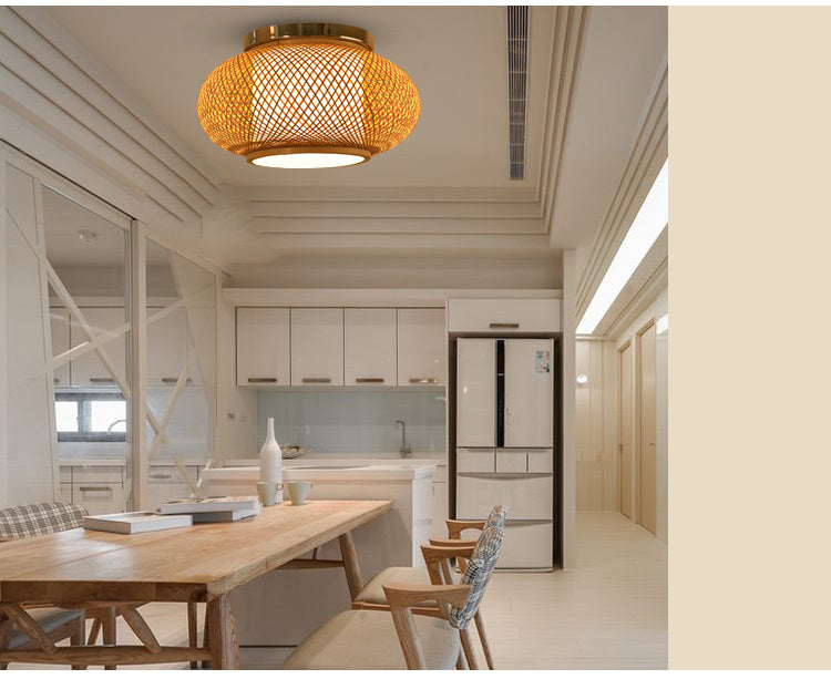 Rattangeflecht, Deckenleuchte im asiatischen Stil, Laternenform, 1 Licht, Restaurant-Hängeleuchte aus Holz
