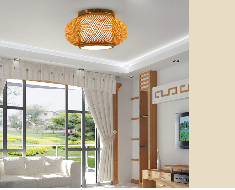 Rattangeflecht, Deckenleuchte im asiatischen Stil, Laternenform, 1 Licht, Restaurant-Hängeleuchte aus Holz