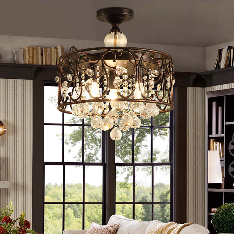 3-Lights Drum Ceiling Light with Romantic Crystal Drops Design Wrought Iron Semi Flush-mount Lighting Fixture in Rust