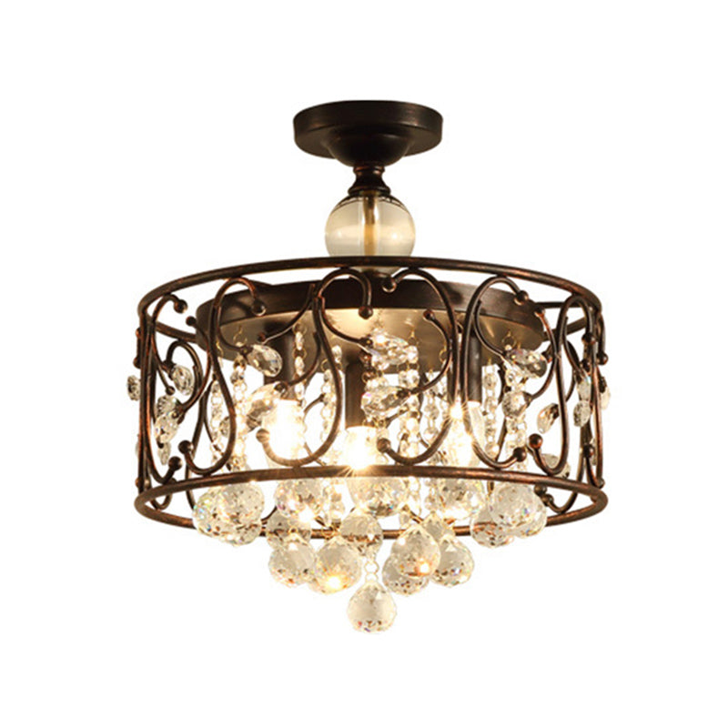 3-Lights Drum Ceiling Light with Romantic Crystal Drops Design Wrought Iron Semi Flush-mount Lighting Fixture in Rust