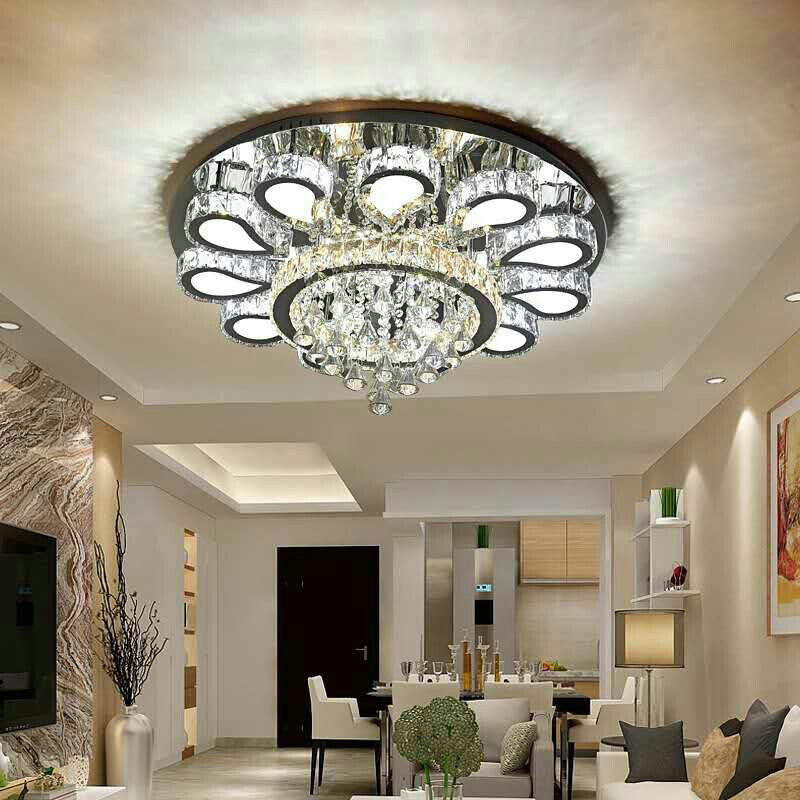 18"/23.5"/31.5" W LED Living Room Ceiling Mounted Fixture Classic Chrome Flush Mount Light with Flower Crystal Shade in Warm/White/3 Color Light