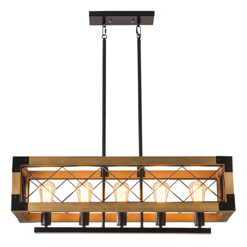 Rectangle Over Island Lighting Wooden Retro Industrial Style Hanging Island Lights for Restaurant