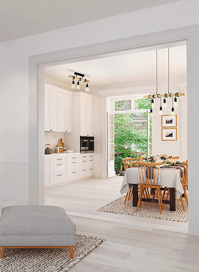 Bare Bulb Island Lighting Fixtures Wood Retro Industrial Style Pendant Lighting Fixtures for Restaurant