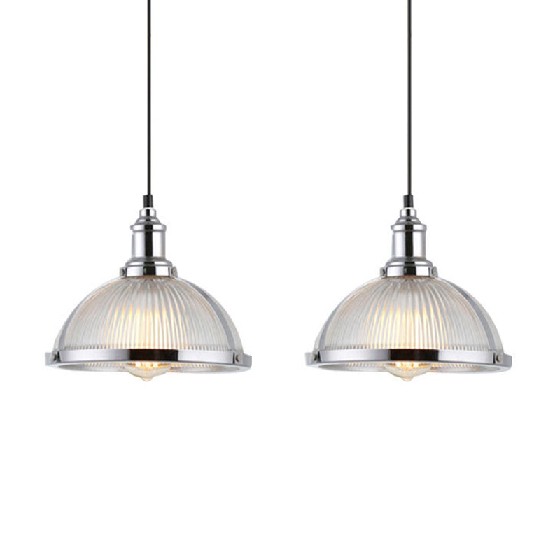 Ribbed Frosted Glass Dome Shade Hanging Light Metal Lamp Holder Bedside Lamp with 59" Adjustable Hanging Cord