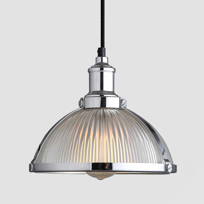 Ribbed Frosted Glass Dome Shade Hanging Light Metal Lamp Holder Bedside Lamp with 59" Adjustable Hanging Cord