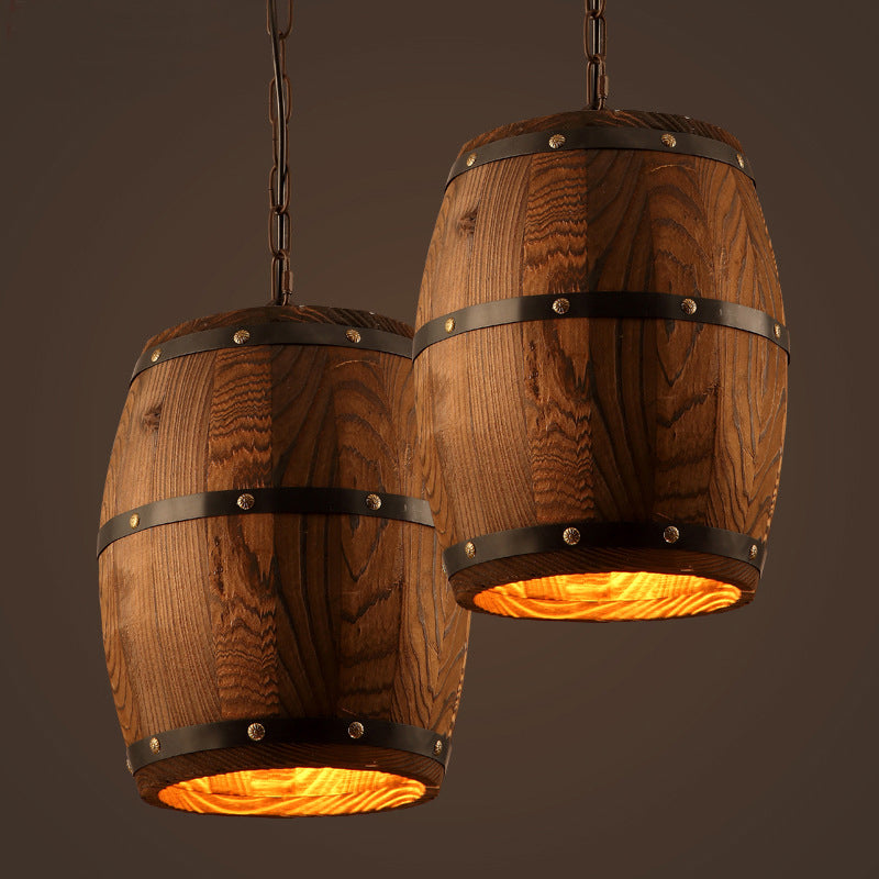 Wooden Barrel Shaped Creative Hanging Light Industrial Style Single Light Suspended Light with 27.5" Hanging Chain