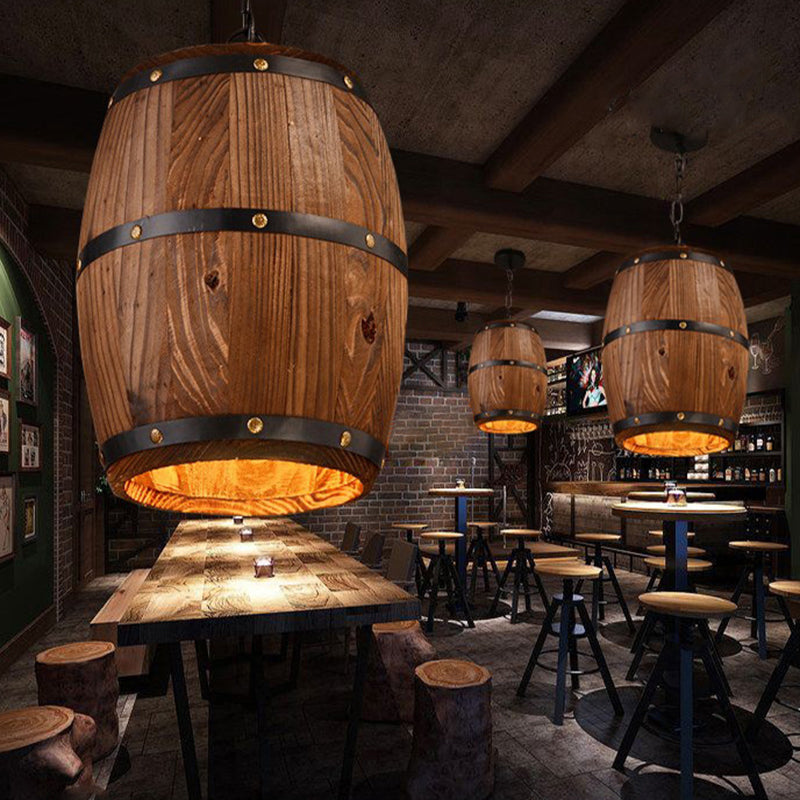 Wooden Barrel Shaped Creative Hanging Light Industrial Style Single Light Suspended Light with 27.5" Hanging Chain