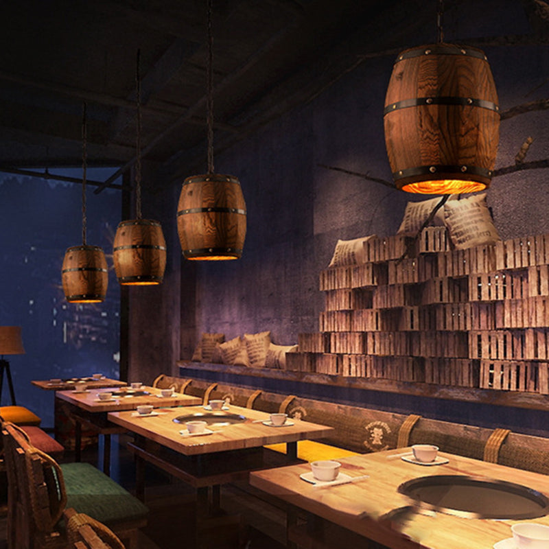 Wooden Barrel Shaped Creative Hanging Light Industrial Style Single Light Suspended Light with 27.5" Hanging Chain