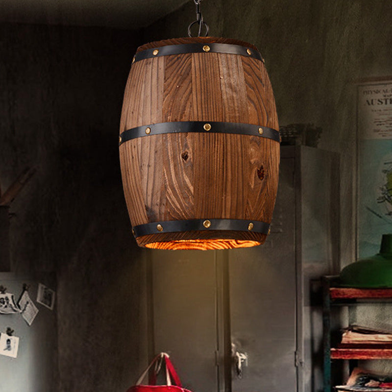 Wooden Barrel Shaped Creative Hanging Light Industrial Style Single Light Suspended Light with 27.5" Hanging Chain
