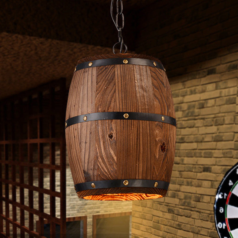 Wooden Barrel Shaped Creative Hanging Light Industrial Style Single Light Suspended Light with 27.5" Hanging Chain