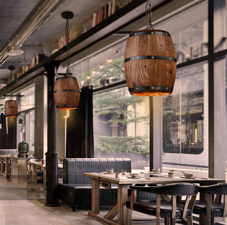 Wooden Barrel Shaped Creative Hanging Light Industrial Style Single Light Suspended Light with 27.5" Hanging Chain