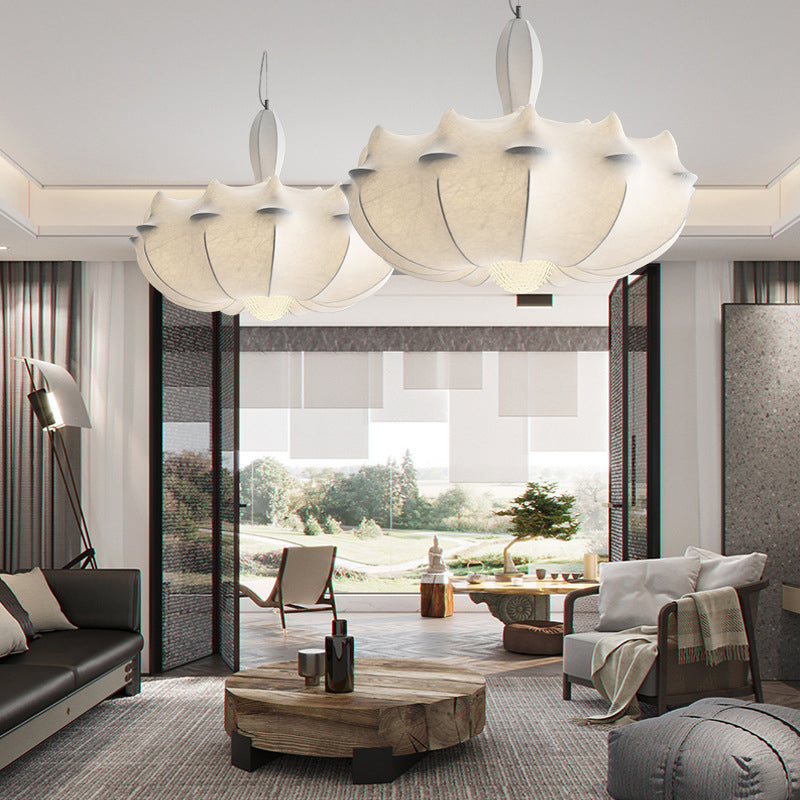 Stretch Silk Fabric Lantern Shade Pendant Light Modern Style 3-Lights Suspension Lighting Fixture for Dining Room