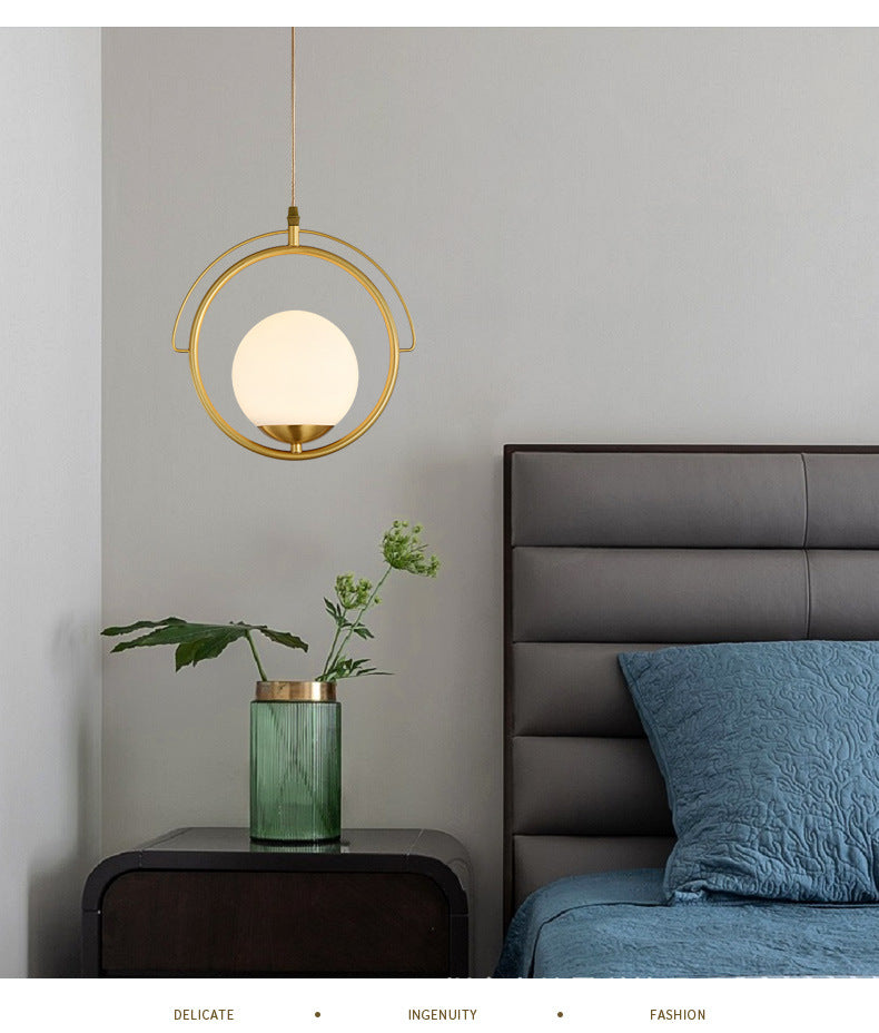11.5" Diameter Brass Ring Single Light Suspension Lamp White Glass Ball Shade Modern Style Lighting Fixture for Bedroom