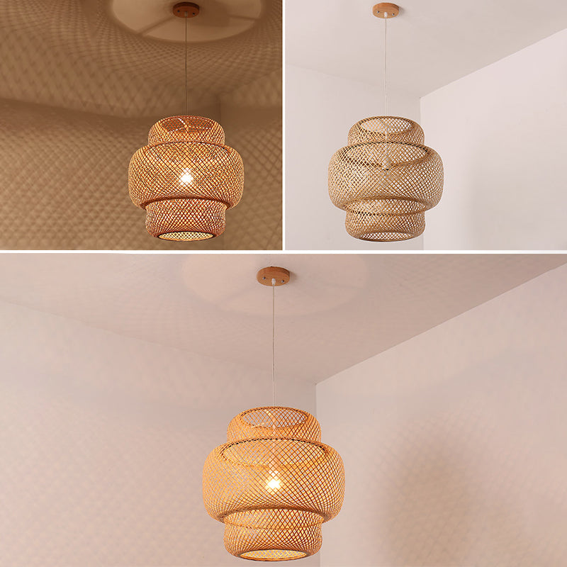 Asian Style Bamboo Weaving Lantern Hanging Light Wooden Single Bulb Ceiling Suspension Lamp for Cafe Shop