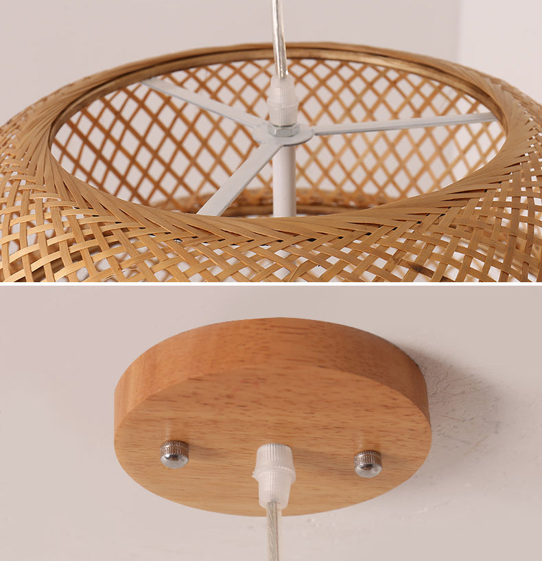 Asian Style Bamboo Weaving Lantern Hanging Light Wooden Single Bulb Ceiling Suspension Lamp for Cafe Shop