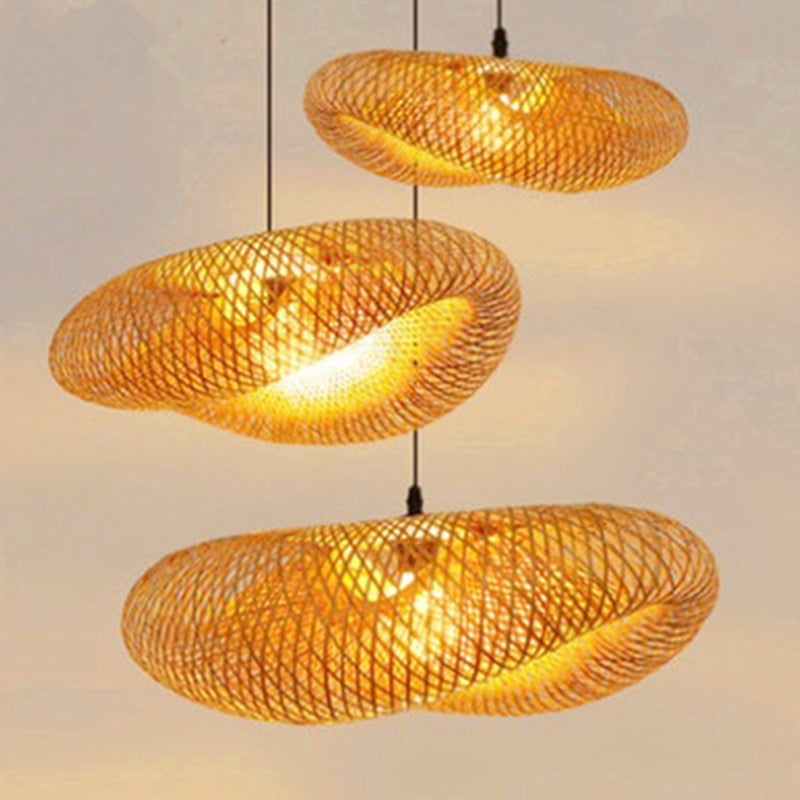Straw Hat Shaped Bamboo Weaving Suspension Lamp Asian Style Single Bulb Hanging Light with 47" Adjustable Hanging Wire
