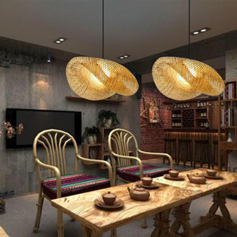 Straw Hat Shaped Bamboo Weaving Suspension Lamp Asian Style Single Bulb Hanging Light with 47" Adjustable Hanging Wire