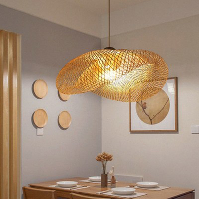 Straw Hat Shaped Bamboo Weaving Suspension Lamp Asian Style Single Bulb Hanging Light with 47" Adjustable Hanging Wire