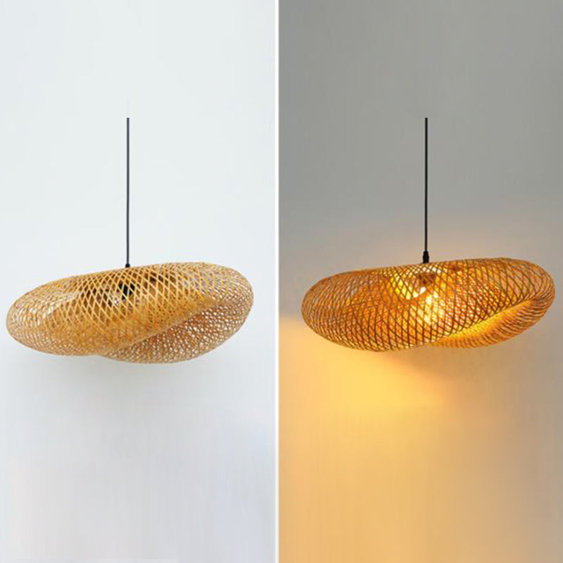 Straw Hat Shaped Bamboo Weaving Suspension Lamp Asian Style Single Bulb Hanging Light with 47" Adjustable Hanging Wire