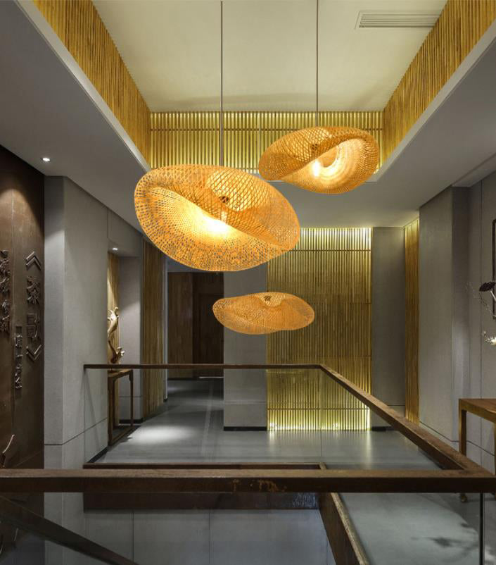 Straw Hat Shaped Bamboo Weaving Suspension Lamp Asian Style Single Bulb Hanging Light with 47" Adjustable Hanging Wire