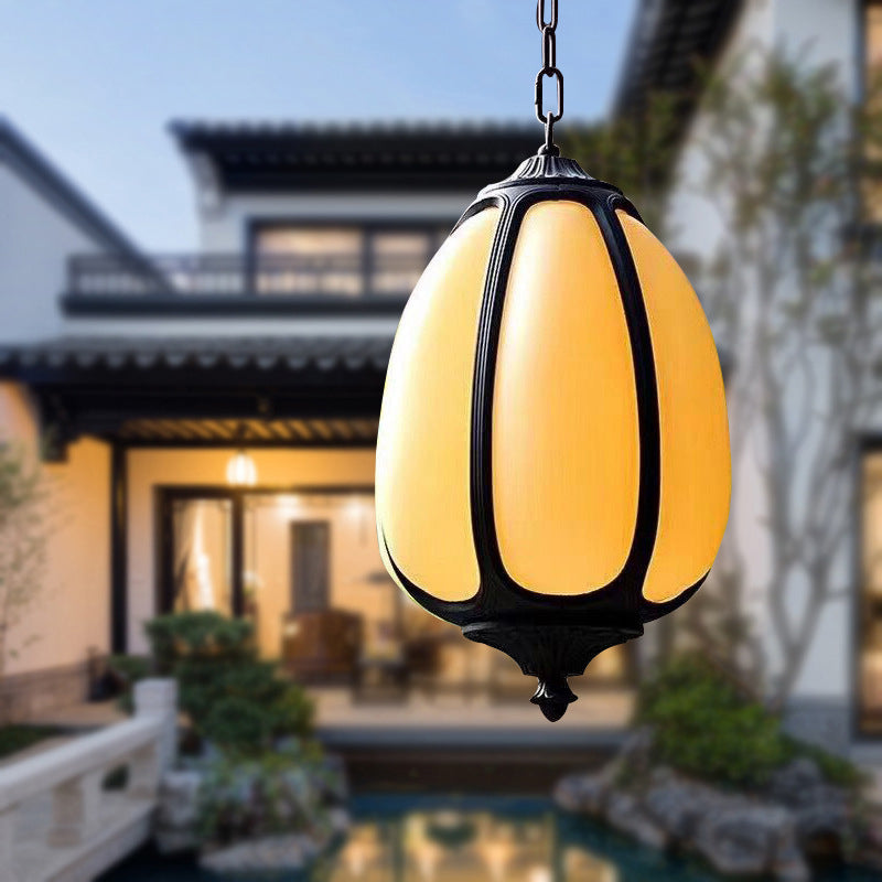 Resin Imitation Jade Shade Pumpkin Hanging Light Black Aluminum Frame Corridor Aisle Lighting Pendant with 23.5" Adjustable Chain