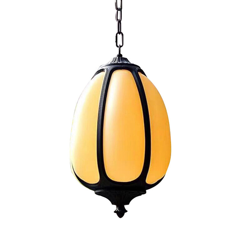 Resin Imitation Jade Shade Pumpkin Hanging Light Black Aluminum Frame Corridor Aisle Lighting Pendant with 23.5" Adjustable Chain