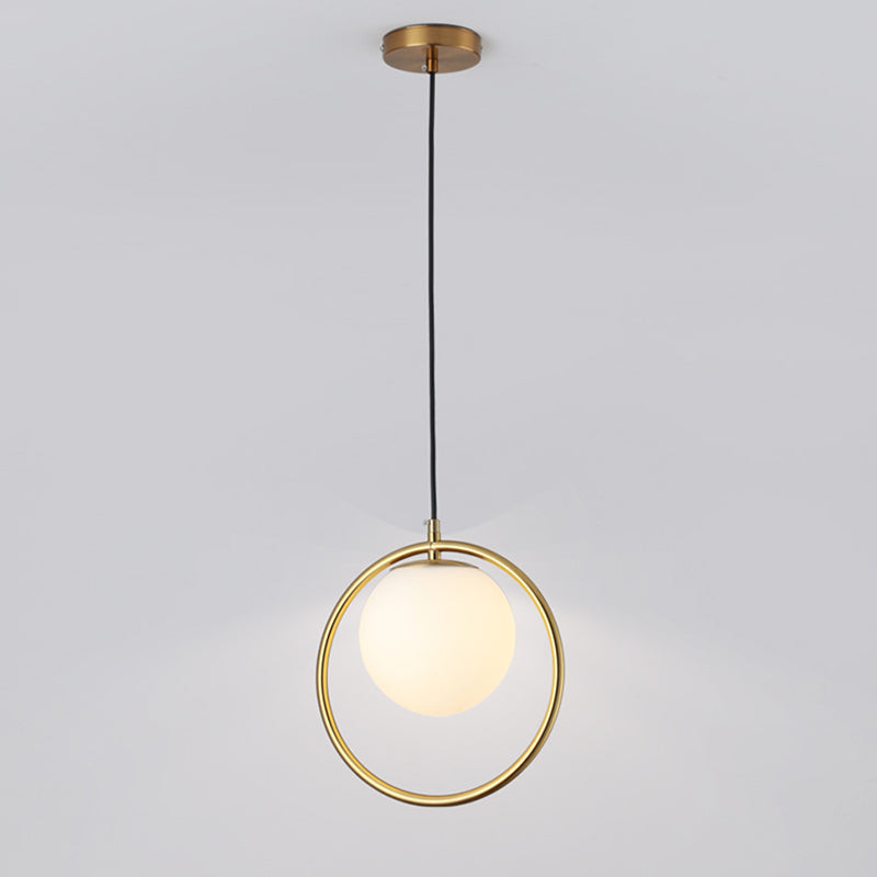 Nordic Minimalism Golden Ring Hanging Light with White Glass Ball Shade Mini Pendant Fixtures for Bedside