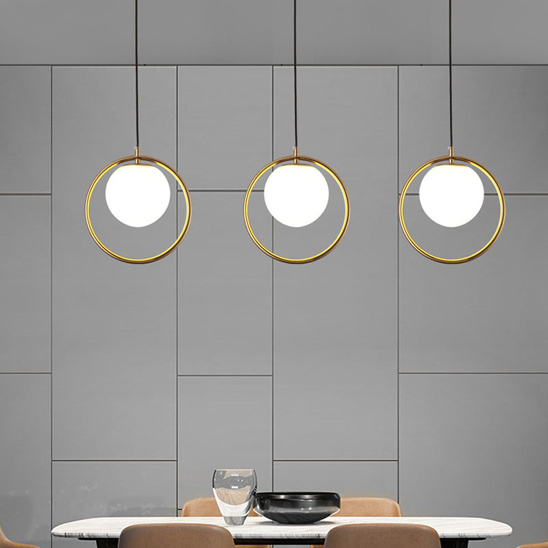 Nordic Minimalism Golden Ring Hanging Light with White Glass Ball Shade Mini Pendant Fixtures for Bedside