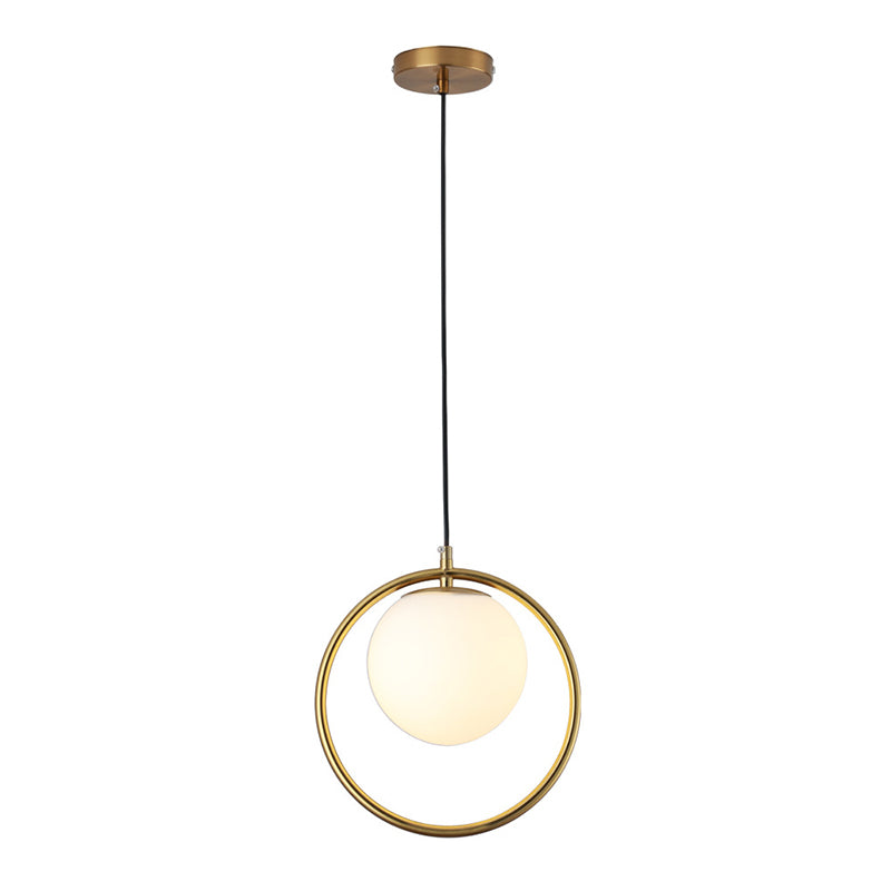 Nordic Minimalism Golden Ring Hanging Light with White Glass Ball Shade Mini Pendant Fixtures for Bedside