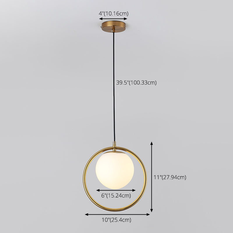 Nordic Minimalism Golden Ring Hanging Light with White Glass Ball Shade Mini Pendant Fixtures for Bedside