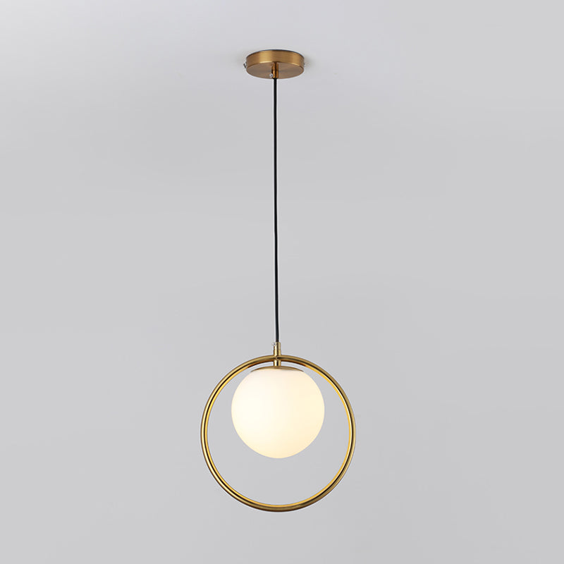 Nordic Minimalism Golden Ring Hanging Light with White Glass Ball Shade Mini Pendant Fixtures for Bedside