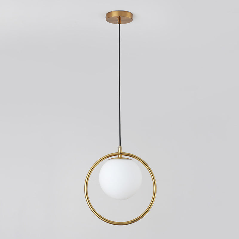 Nordic Minimalism Golden Ring Hanging Light with White Glass Ball Shade Mini Pendant Fixtures for Bedside