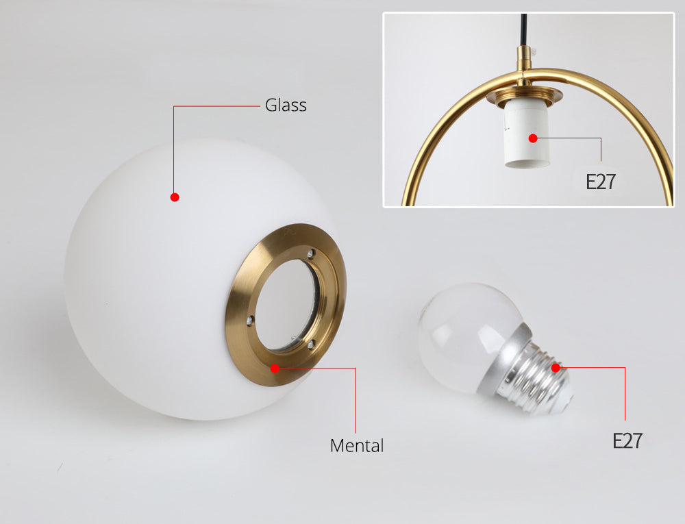 Nordic Minimalism Golden Ring Hanging Light with White Glass Ball Shade Mini Pendant Fixtures for Bedside