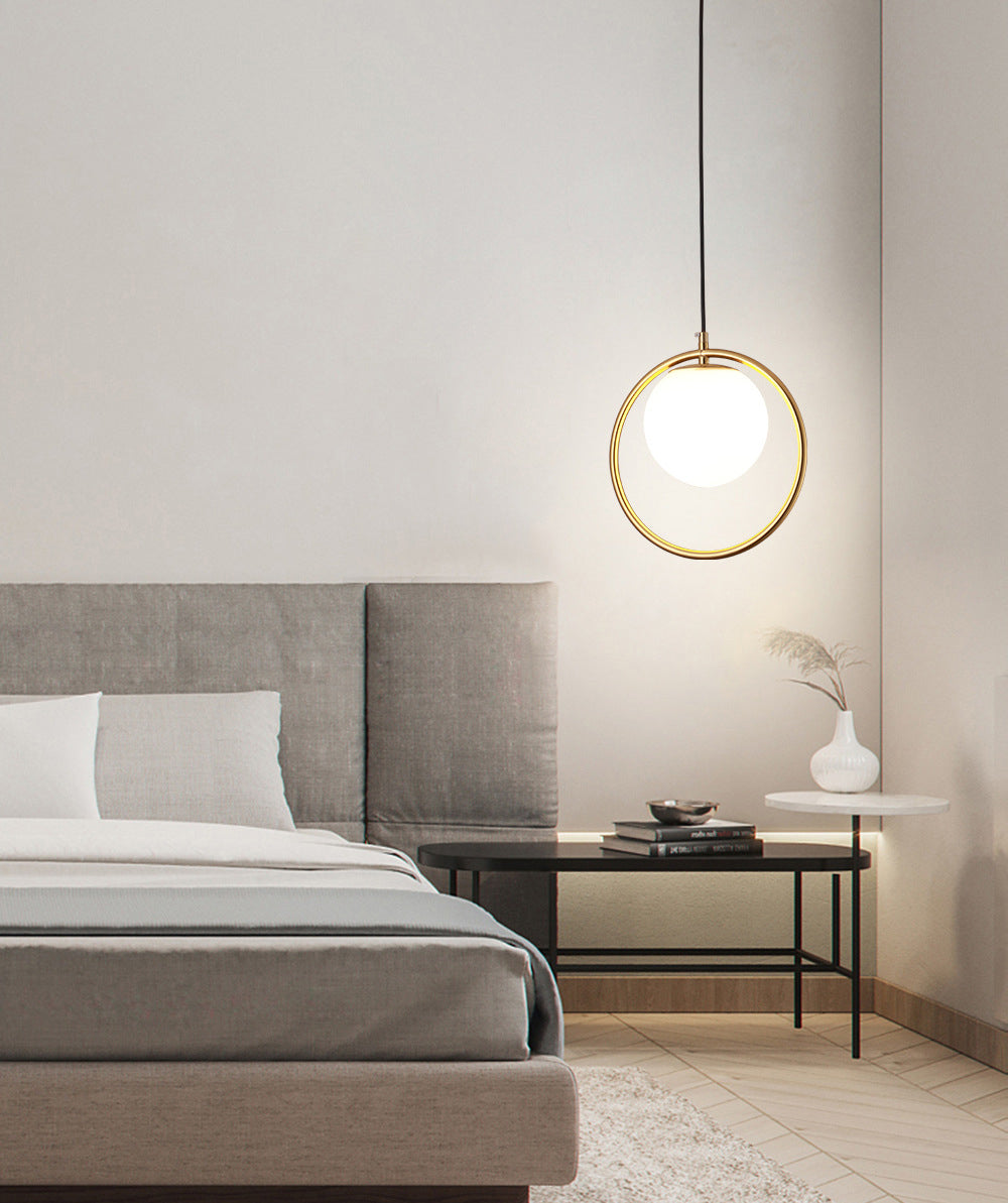 Nordic Minimalism Golden Ring Hanging Light with White Glass Ball Shade Mini Pendant Fixtures for Bedside