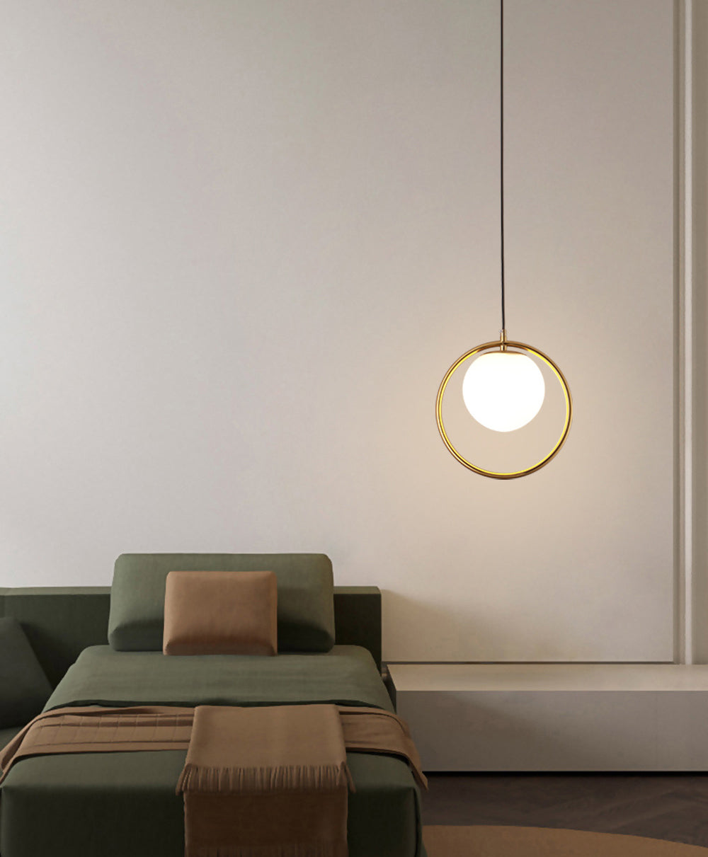 Nordic Minimalism Golden Ring Hanging Light with White Glass Ball Shade Mini Pendant Fixtures for Bedside