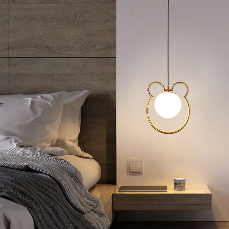 Nordic Minimalism Little Bear Lines Frame Hanging Light with White Glass Ball Shade Mini Pendant Fixtures for Bedside