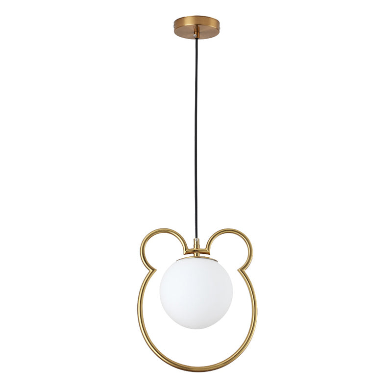 Nordic Minimalism Little Bear Lines Frame Hanging Light with White Glass Ball Shade Mini Pendant Fixtures for Bedside