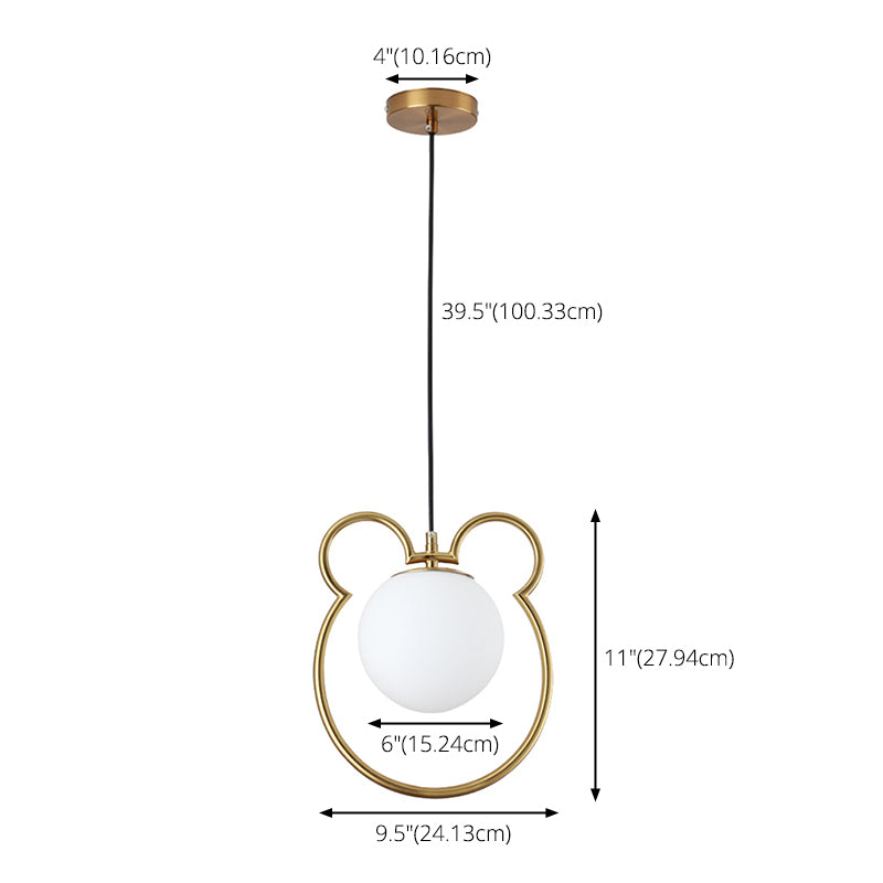 Nordic Minimalism Little Bear Lines Frame Hanging Light with White Glass Ball Shade Mini Pendant Fixtures for Bedside