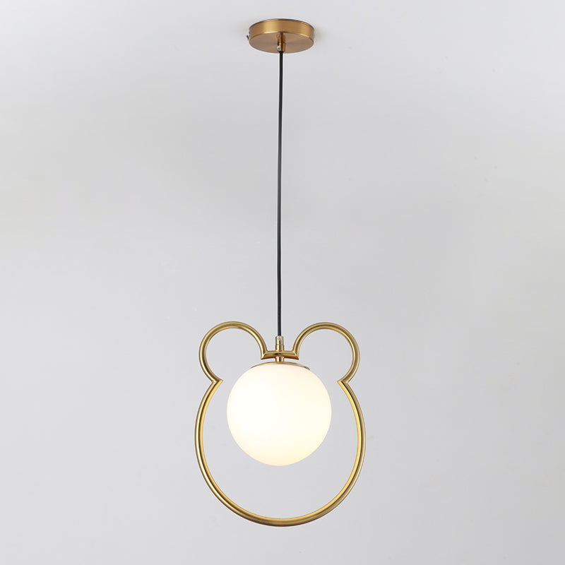 Nordic Minimalism Little Bear Lines Frame Hanging Light with White Glass Ball Shade Mini Pendant Fixtures for Bedside