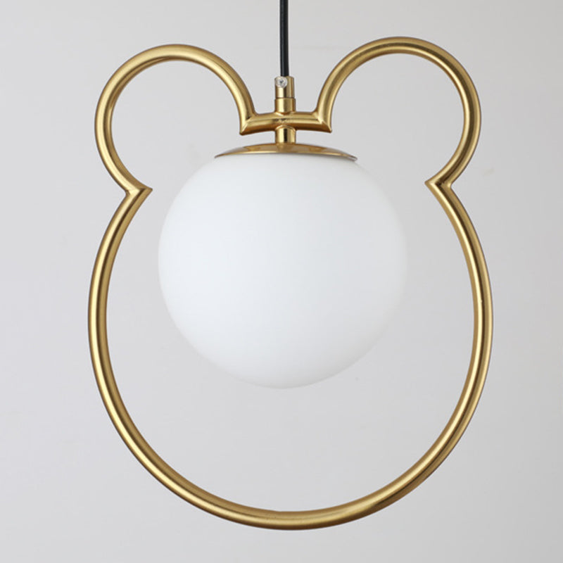 Nordic Minimalism Little Bear Lines Frame Hanging Light with White Glass Ball Shade Mini Pendant Fixtures for Bedside