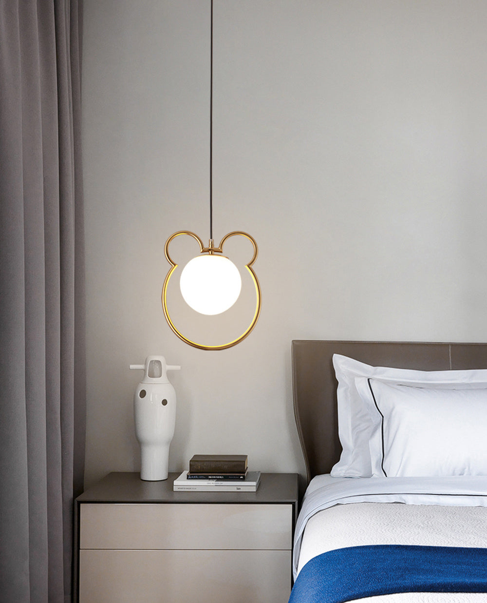 Nordic Minimalism Little Bear Lines Frame Hanging Light with White Glass Ball Shade Mini Pendant Fixtures for Bedside