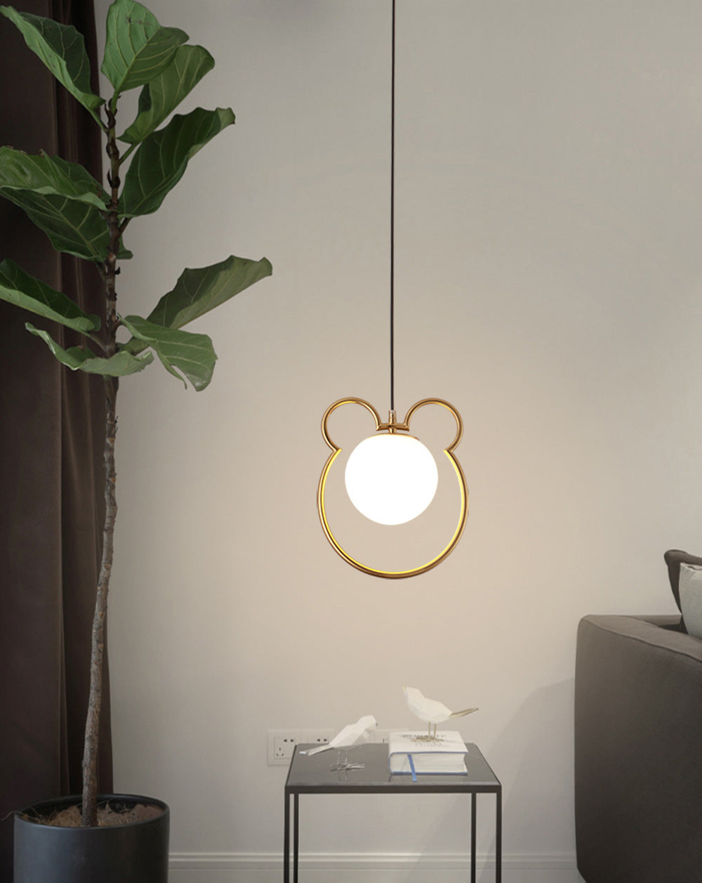 Nordic Minimalism Little Bear Lines Frame Hanging Light with White Glass Ball Shade Mini Pendant Fixtures for Bedside