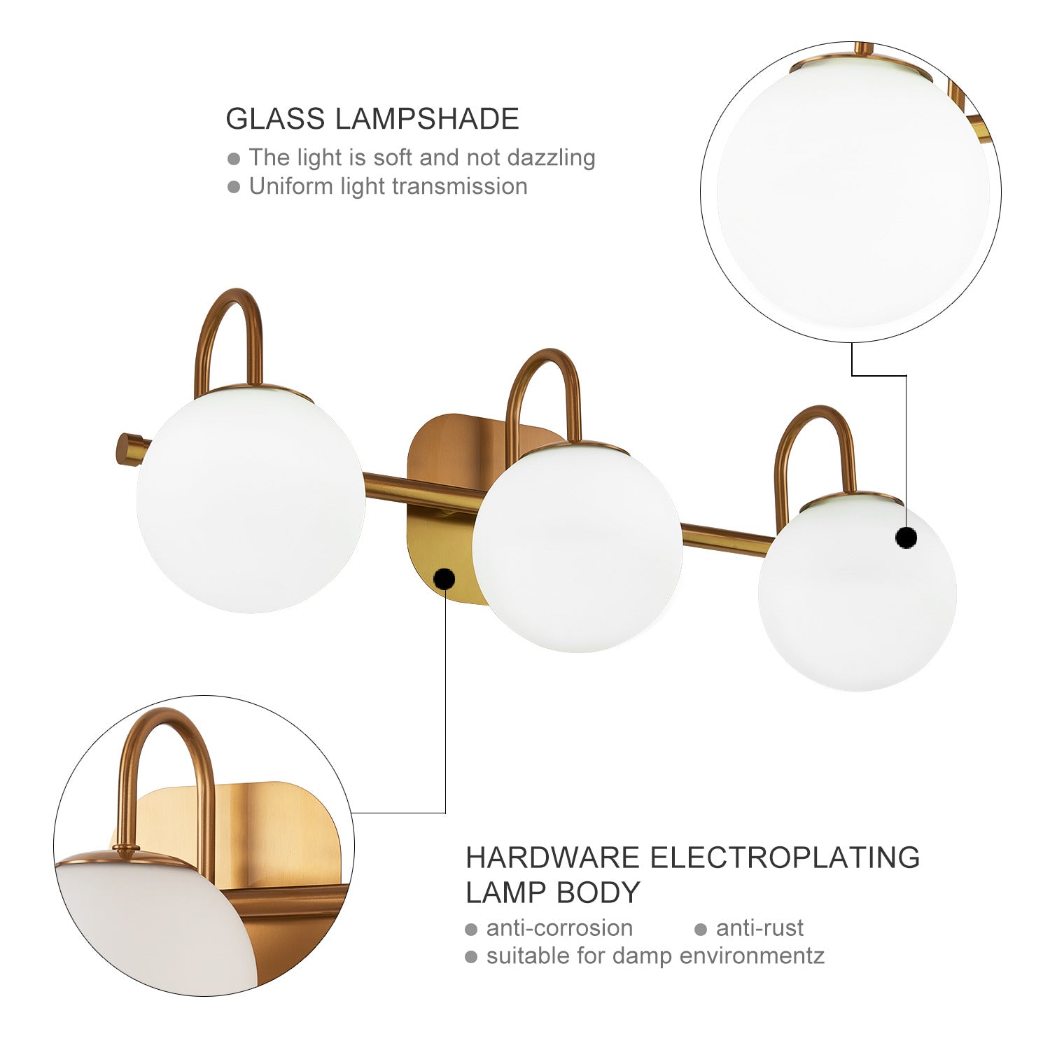 Global Glass Shade Vanity Wall Sconce Metal Armed Vanity Mirror Lights for Bedroom Bathroom