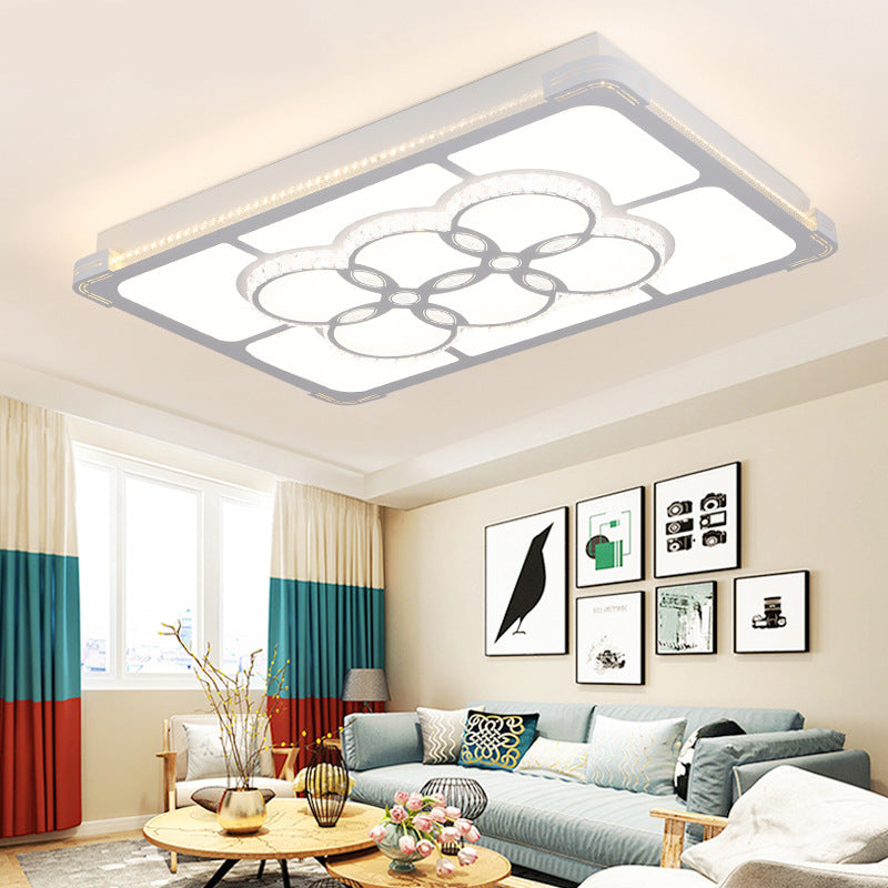 Rectangle Crystal Flush Mount Lamp Simple LED Living Room Ceiling Light Fixture in White, 3 Color Light/Remote Control Stepless Dimming