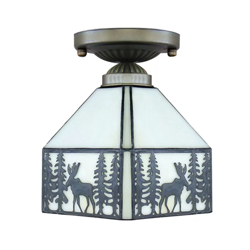 Plafonnier Mission, semi-plafonnier géométrique en beige avec abat-jour en verre artistique et motif de cerf pour chambre à coucher